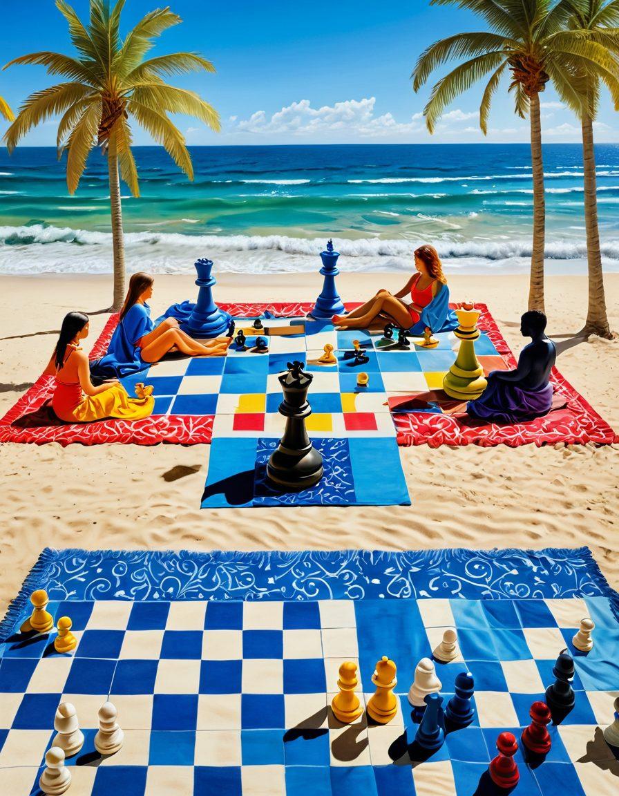 A vibrant beach scene featuring a stunning chessboard pattern laid out on the sandy shore, with stylish beachwear showcasing chess pieces and motifs. Sunbathers are playing chess on colorful towels, and palm trees gently sway in the background. The ocean waves reflect the morning sun, creating a lively atmosphere of strategy and relaxation. super-realistic. vibrant colors. sunny beach setting.